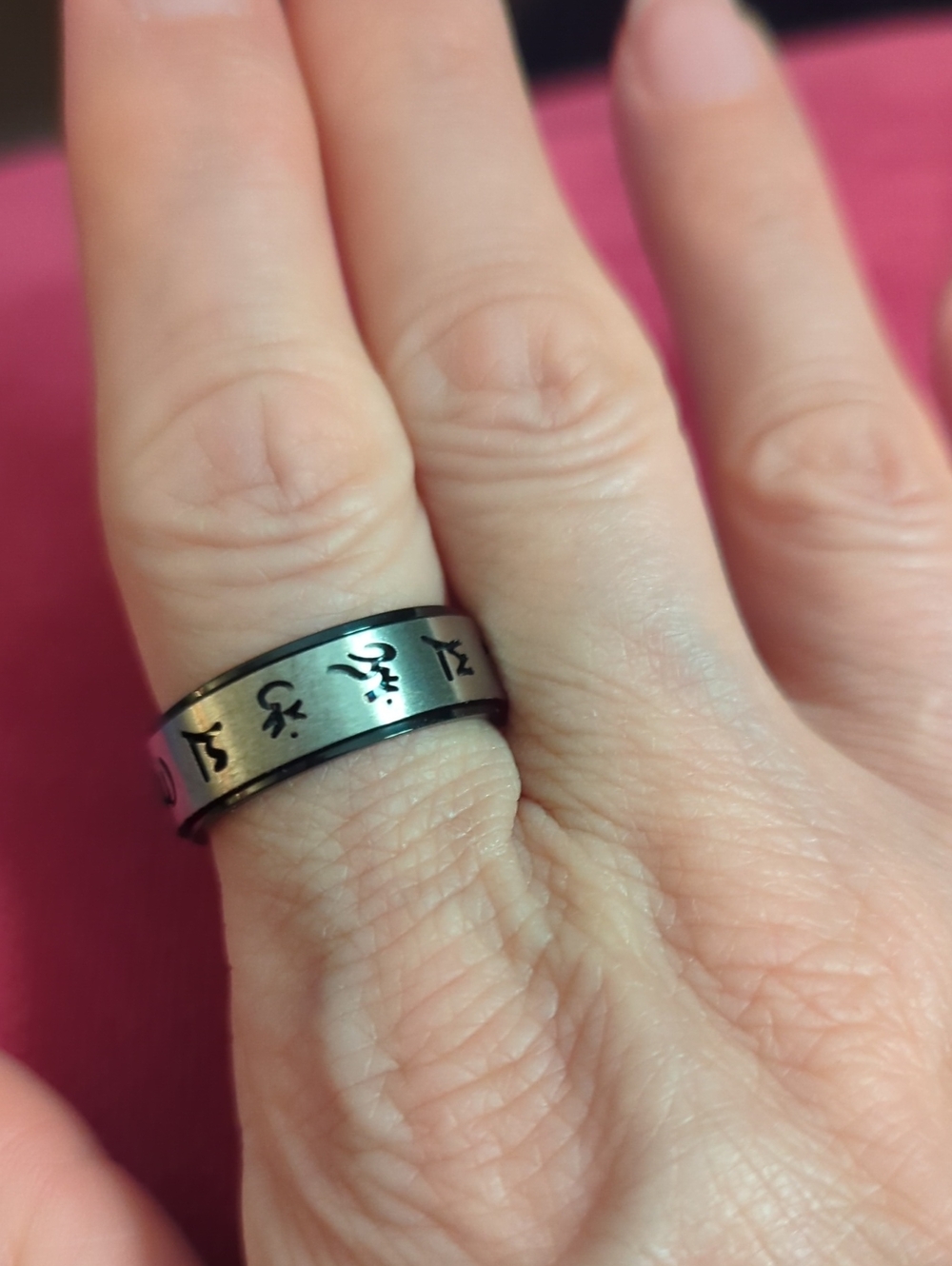 Engraved Script Stainless Steel Spinner Ring - Two-Tone Silver & Black